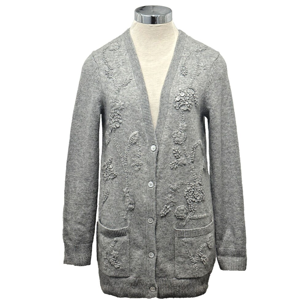 MICHAEL KORS 100% Cashmere Embroidered Knit Cardigan Sweater Gray MEDIUM